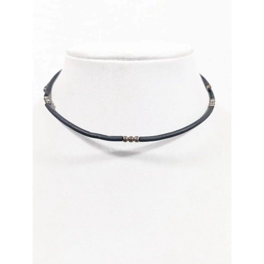 Sterling Silver 925 Black Rubber Flex Wire Choker Necklace Gothic Industrial 17